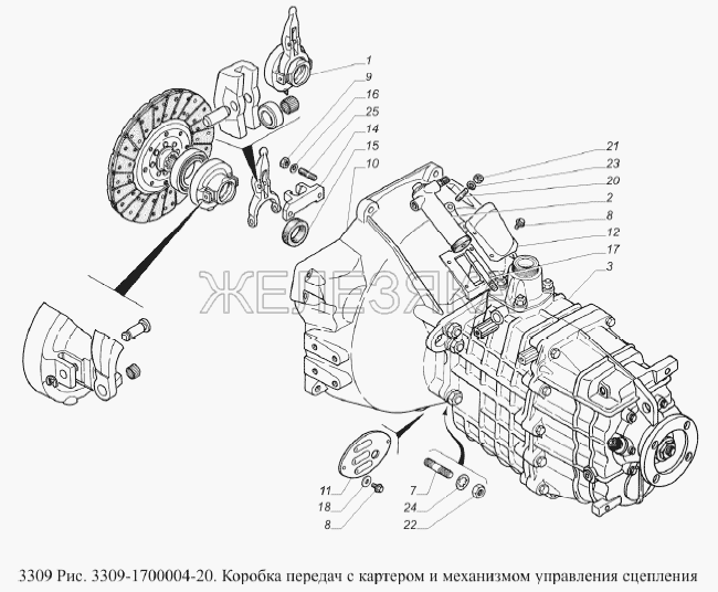 Коробка передач с картером и механизмом управления сцеплением.  ГАЗ-3309 (Евро 2)