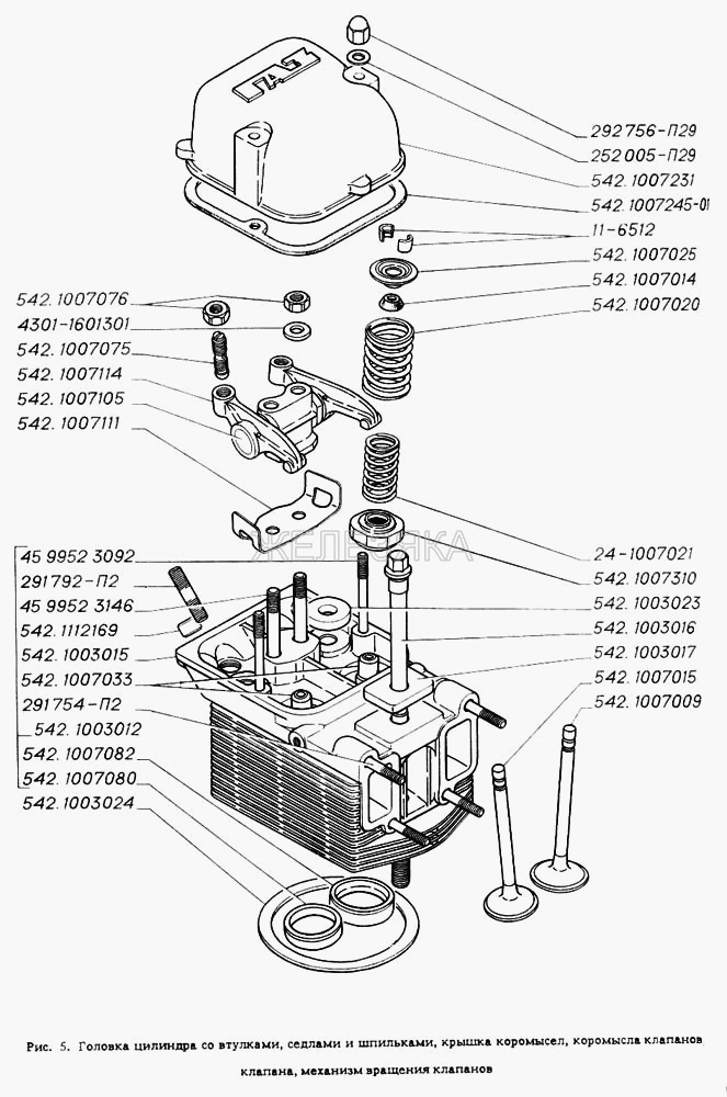 Головка цилиндра с втулками, седлами и шпильками, крышка коромысел, коромысла клапанов, клапана, механизм вращения клапанов.  ГАЗ-4301