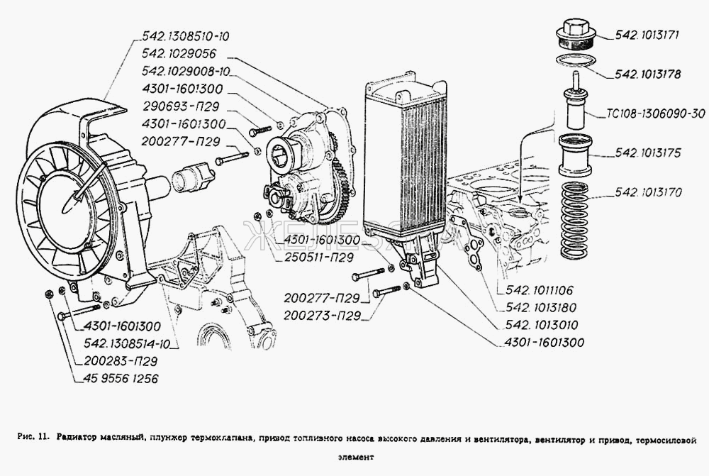 Радиатор масляный, плунжер термоклапана, привод топливного насоса высокого давления и вентилятора, вентилятор и привод, термосиловой элемент.  ГАЗ-4301