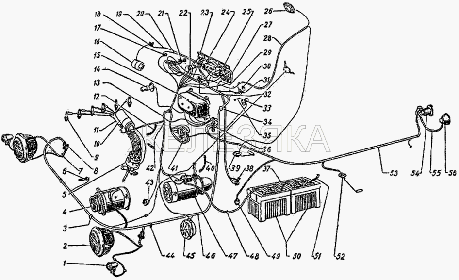 Схема электрооборудования.  ГАЗ-51 (63, 63А)