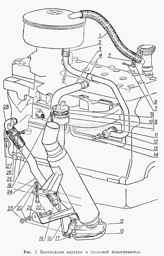 Вентиляция картера и пусковой подогреватель.  ГАЗ-52-02