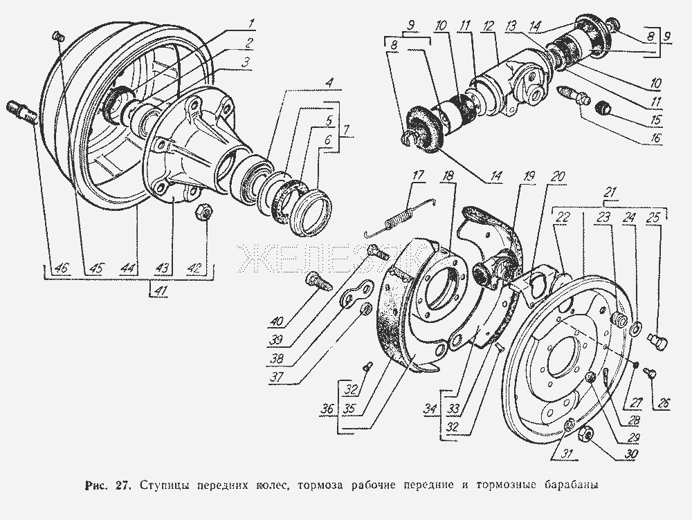 Ступицы передних колес, тормоза рабочие передние и тормозные барабаны.  ГАЗ-52-02
