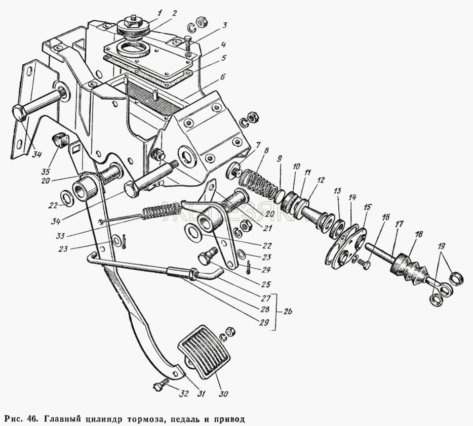 Главный цилиндр тормоза педаль и привод.  ГАЗ-66 (Каталог 1983 г.)
