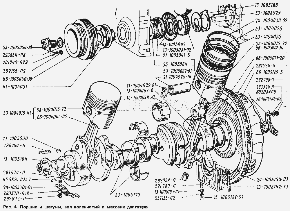 Поршни и шатуны, вал коленчатый и маховик двигателя.  ГАЗ-66 (Каталог 1996 г.)