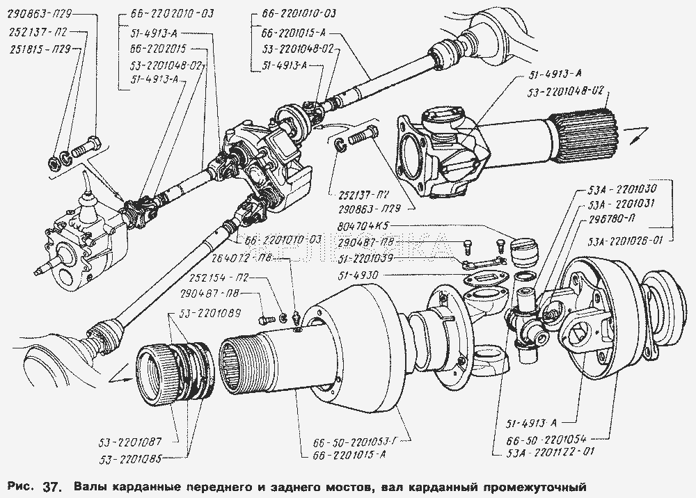 Валы карданные переднего и заднего мостов, вал карданный промежуточный.  ГАЗ-66 (Каталог 1996 г.)