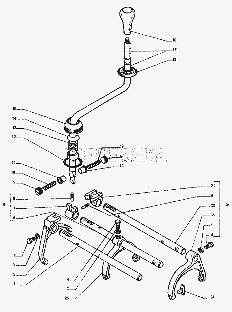 Детали механизма переключения коробки передач.  ГАЗ-33104 Валдай