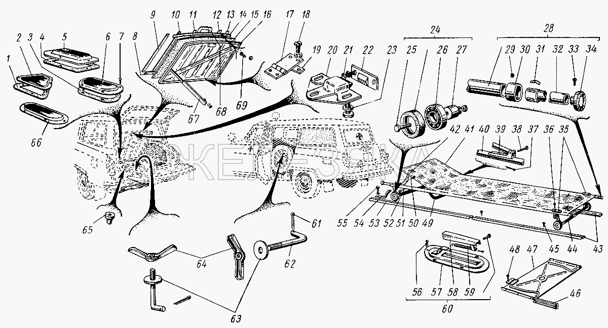 Стандартные принадлежности и детали пола.  ГАЗ-21 (каталог 69 г.)