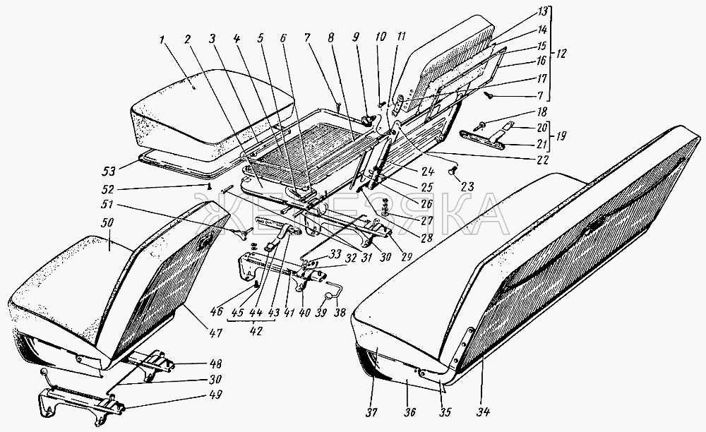 Передние сиденья (для модели ГАЗ-21Т).  ГАЗ-21 (каталог 69 г.)