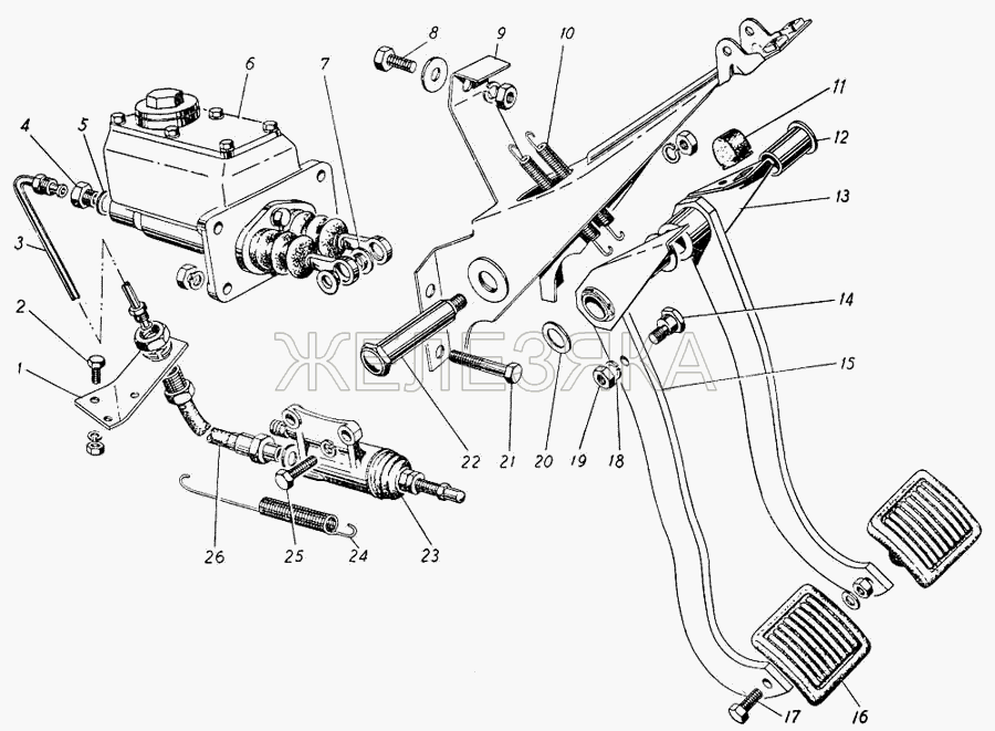 Привод выключения сцепления и тормозная педаль.  ГАЗ-21 (каталог 69 г.)