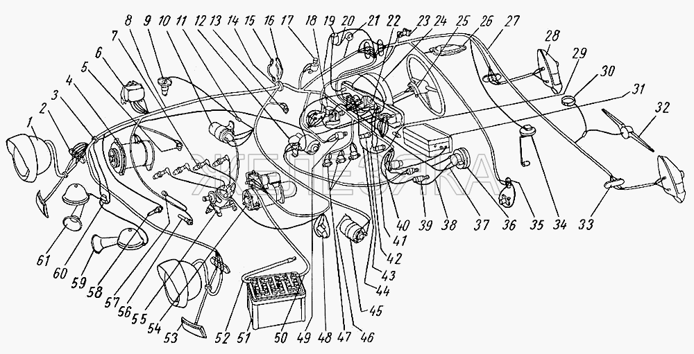 Схема электрооборудования (с правым расположением рулевого управления).  ГАЗ-21 (каталог 69 г.)