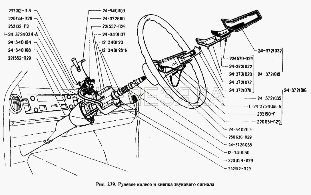Рулевое колесо и кнопка звукового сигнала.  ГАЗ-24