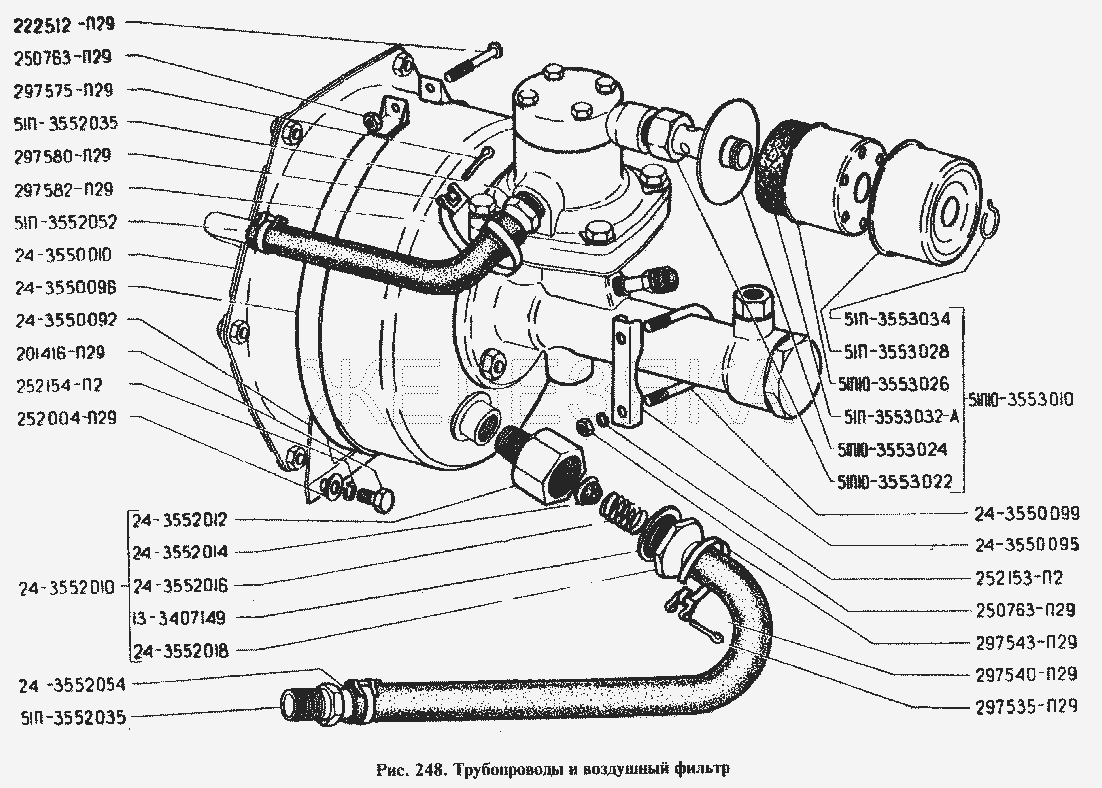 Трубопроводы и воздушный фильтр.  ГАЗ-24