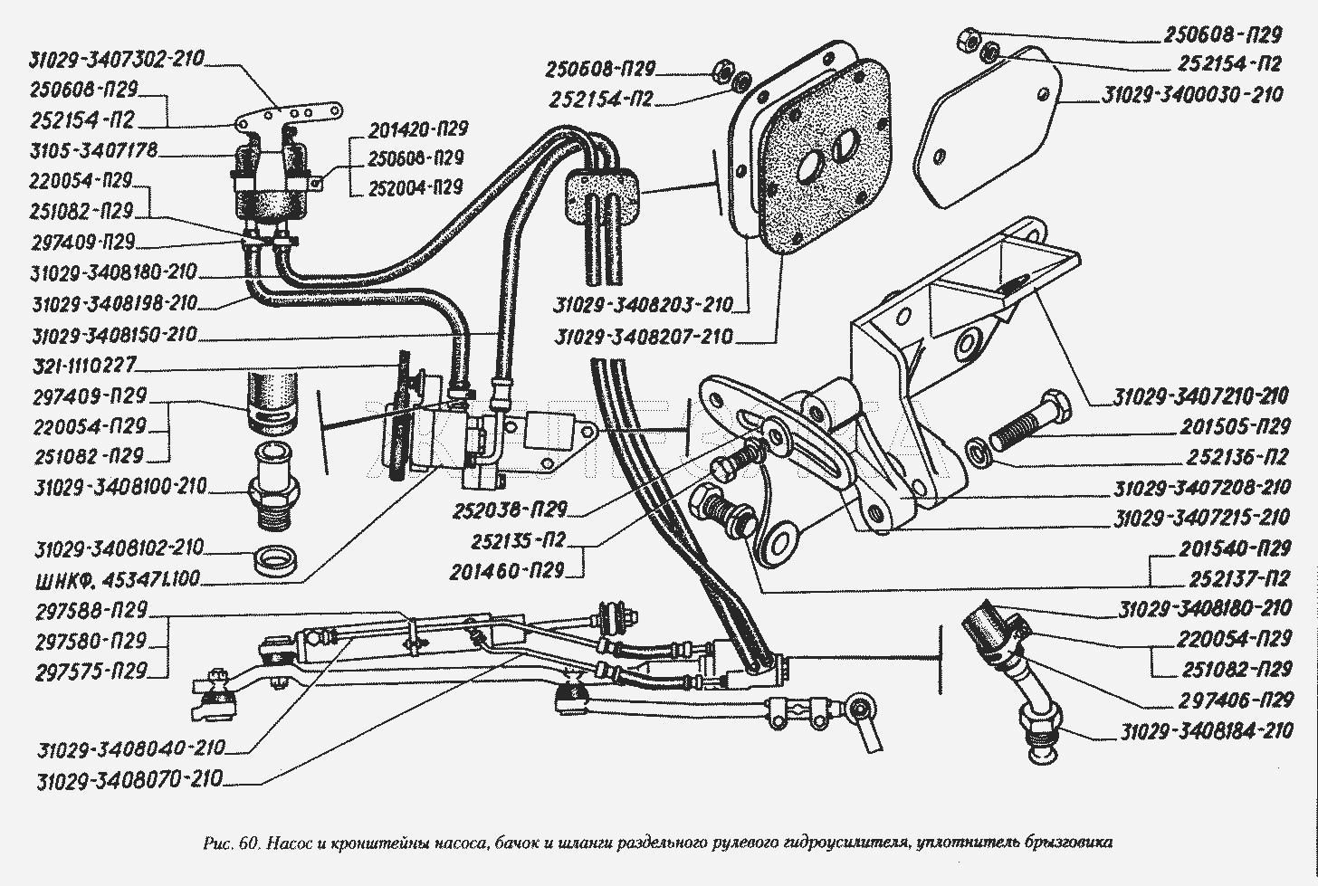 Насос и кронштейны насоса, бачок и шланги раздельного рулевого гидроусилителя, уплотнитель брызговика.  ГАЗ-3110