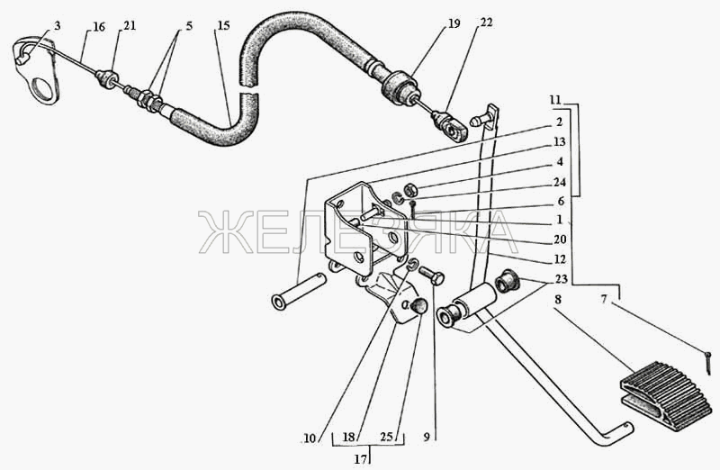 Привод воздушной дроссельной заслонки двигателя, педаль акселератора.  ГАЗ-3111