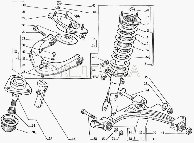 Рычаги передней подвески, пружина, буфер сжатия, шарнир подвески верхний, крепление амортизатора.  ГАЗ-3111