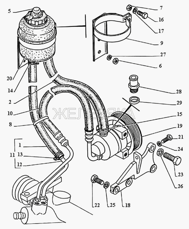 Насос, бачок и шланги рулевого гидроусилителя, датчик БСК уровня масла в системе гидроусилителя (ДМРГ-1).  ГАЗ-3111
