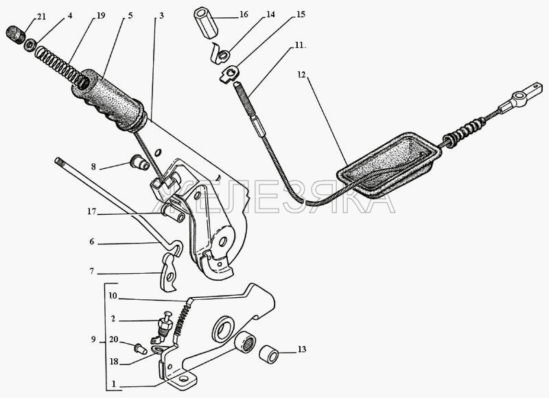 Рычаг стояночного тормоза, выключатель контрольной лампы стояночного тормоза.  ГАЗ-3111