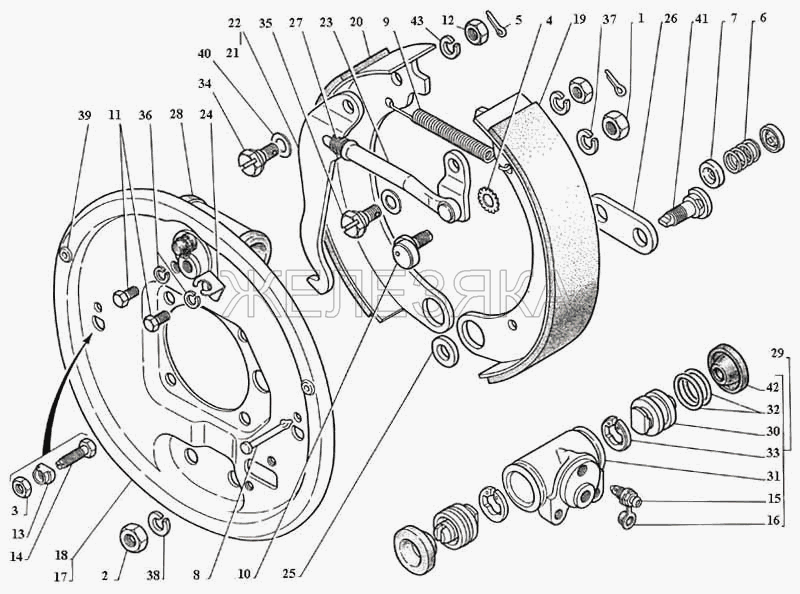 Щит, колодки с накладкой, колесный цилиндр задних тормозов, разжимной механизм стояночного тормоза.  ГАЗ-3111