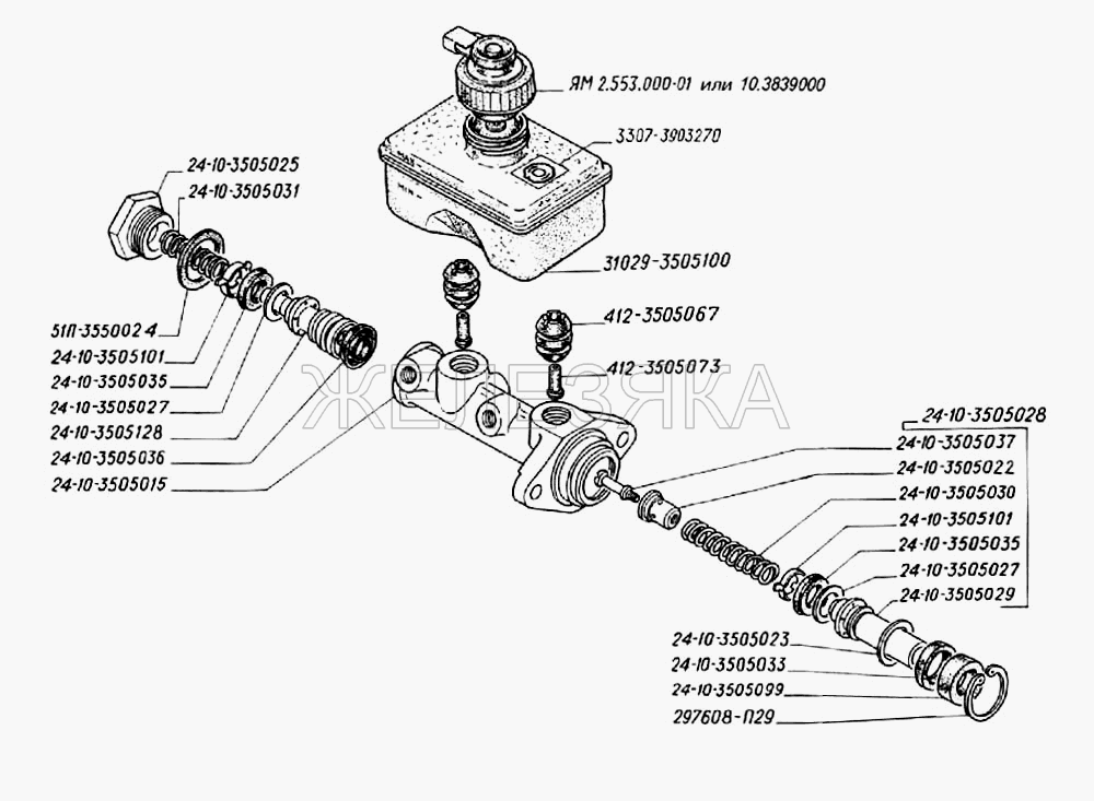 Детали главного цилиндра тормозов, бачок главного цилиндра, датчик аварийного уровня тормозной жидкости.  ГАЗ-3302 (2004)