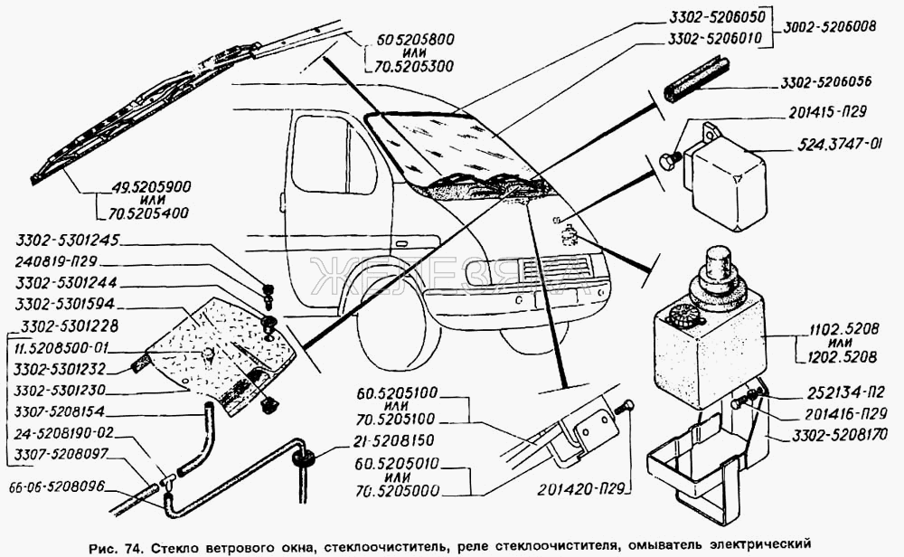 Стекло ветрового окна, стеклоочиститель, реле стеклоочистителя, омыватель электрический.  ГАЗ-2705 (ГАЗель)