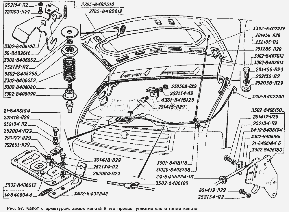 Капот с арматурой, замок капота и его привод, уплотнитель и петли капота.  ГАЗ-2705 (ГАЗель)