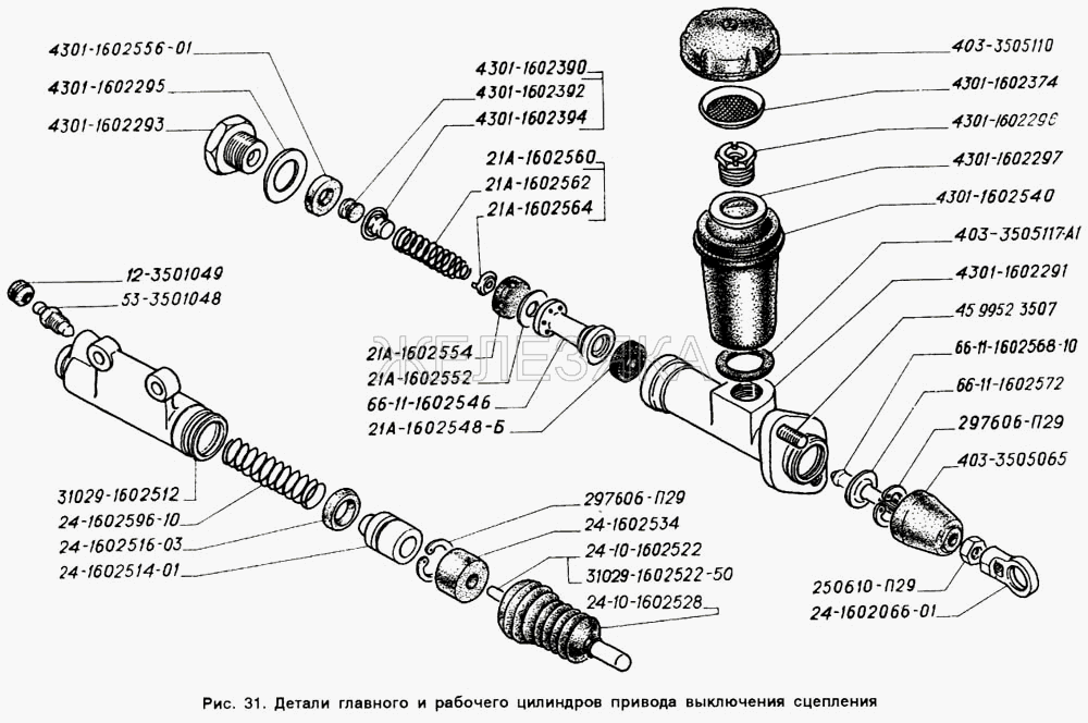 Детали главного и рабочего цилиндров привода выключения сцепления.  ГАЗ-2705 (ГАЗель)