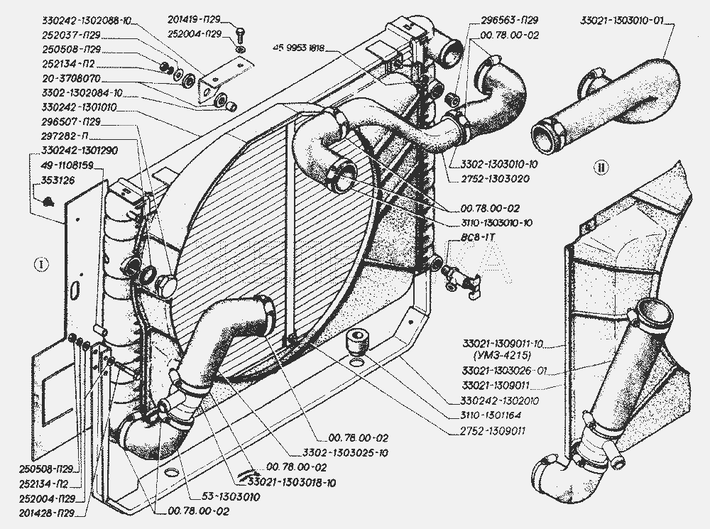 Радиатор системы охлаждения, кожух вентилятора (для автомобилей выпуска с 1998 года по октябрь 2002года): I- для двигателя ЗМЗ-406, II- для двигателей ЗМЗ-402 и УМЗ-4215.  ГАЗ-2705 (дв. УМЗ-4215)