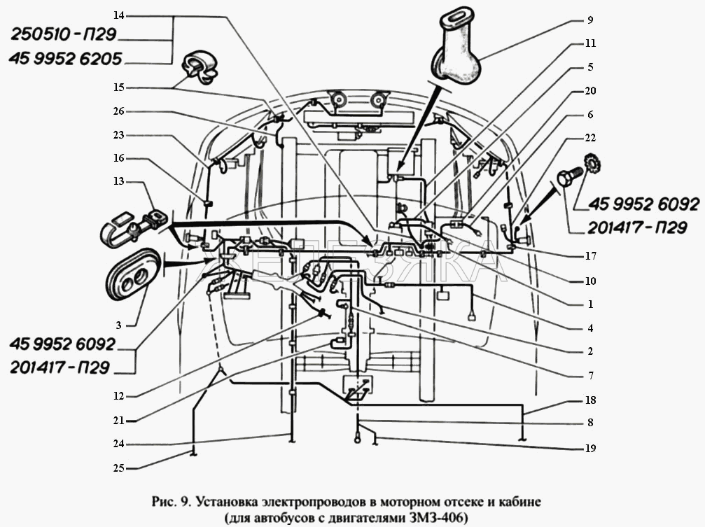 Установка электропроводов в моторном отсеке и кабине (для автобусов с двигателем ЗМЗ-406).  ГАЗ-3221