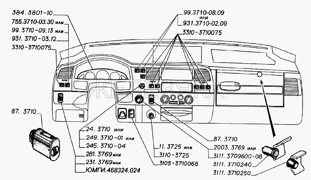 Органы управления на панели приборов, комбинация приборов (для автобусов выпуска с 2003 года).  ГАЗ-3221 (2006)