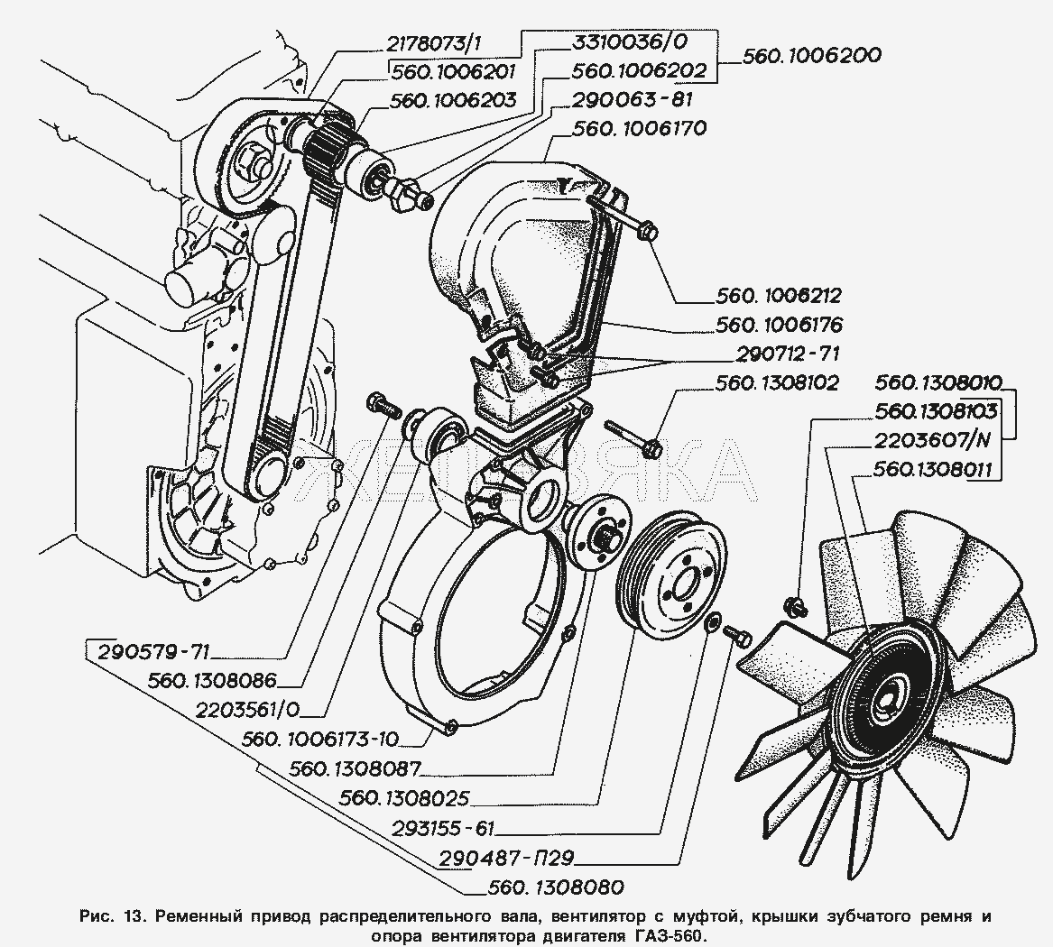 Ременный привод распределительного вала, вентилятор с муфтой, крышки зубчатого ремня и опора вентилятора двигателя ГАЗ-560.  ГАЗ-2217 (Соболь)
