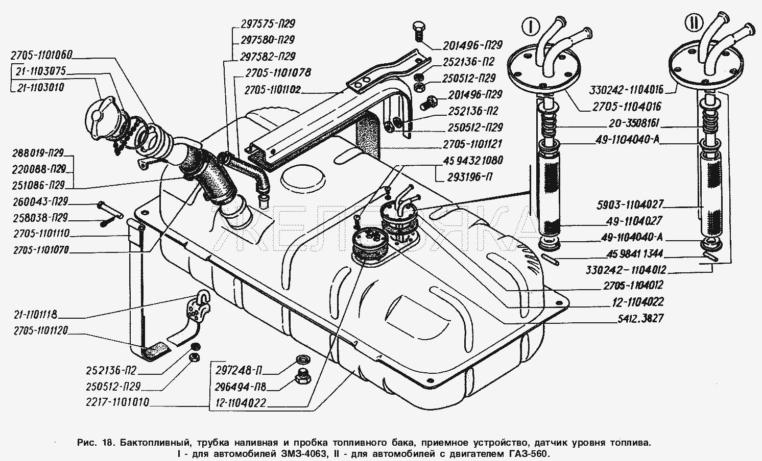 Бак топливный, труба наливная и пробка топливного бака, приемное устройство, датчик уровня топлива: I - для автомобилей с двигателем ЗМЗ-4063, II - для автомобилей с двигателем ГАЗ-560.  ГАЗ-2217 (Соболь)