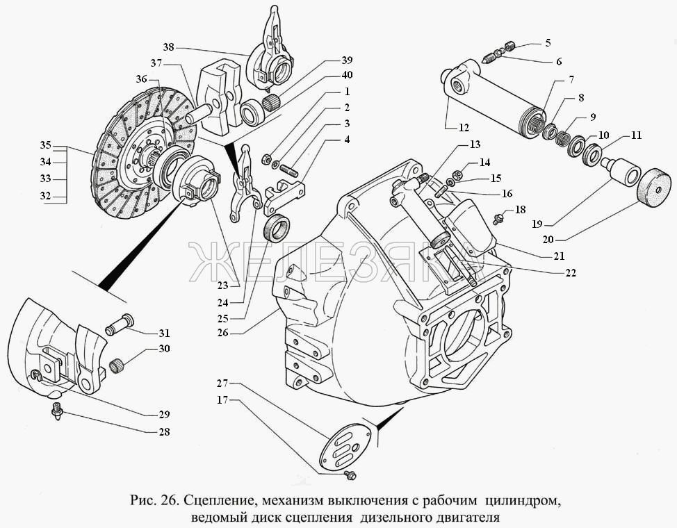 Сцепление, механизм выключения с рабочим цилиндром, ведомый диск сцепления дизельного двигателя.  ГАЗ-3308