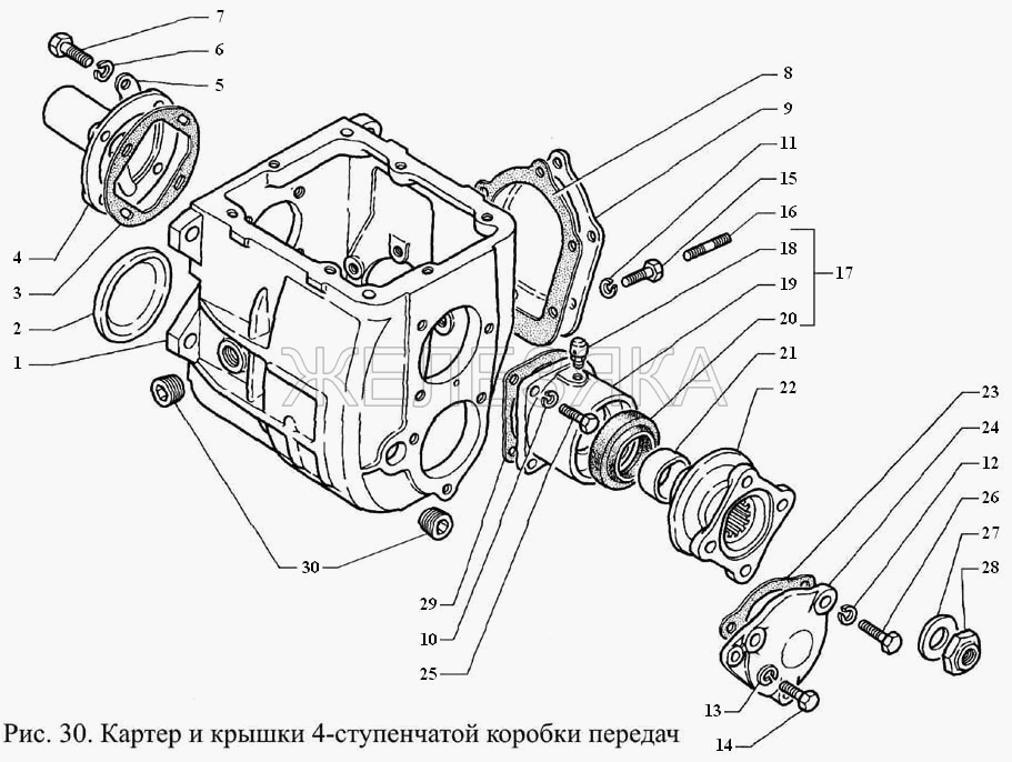 Картер и крышки 4-ступенчатой коробки передач.  ГАЗ-3308