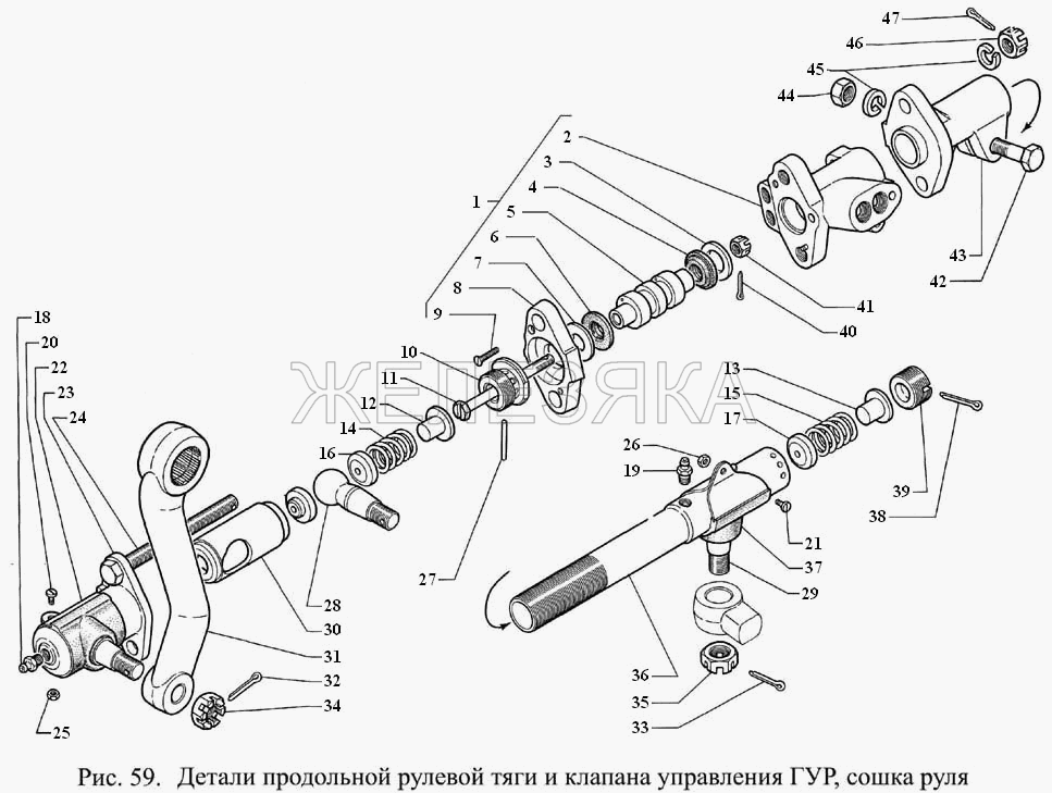 Детали продольной рулевой тяги и клапана управления ГУР, сошка руля.  ГАЗ-3308