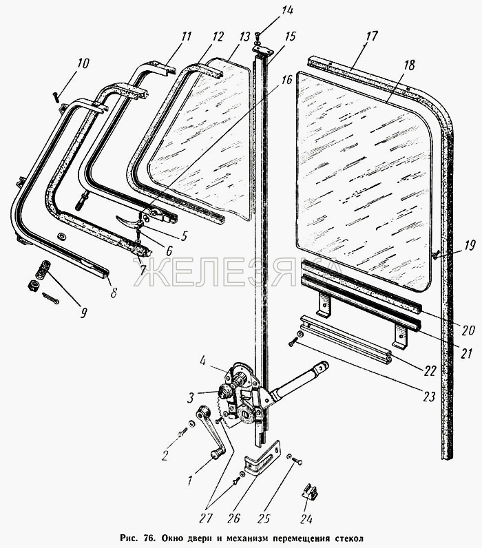 Окно двери и механизм перемещения стекол.  ГАЗ-52-01