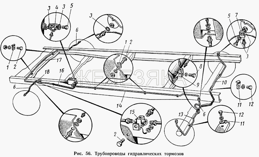 Трубопроводы гидравлических тормозов.  ГАЗ-52-01