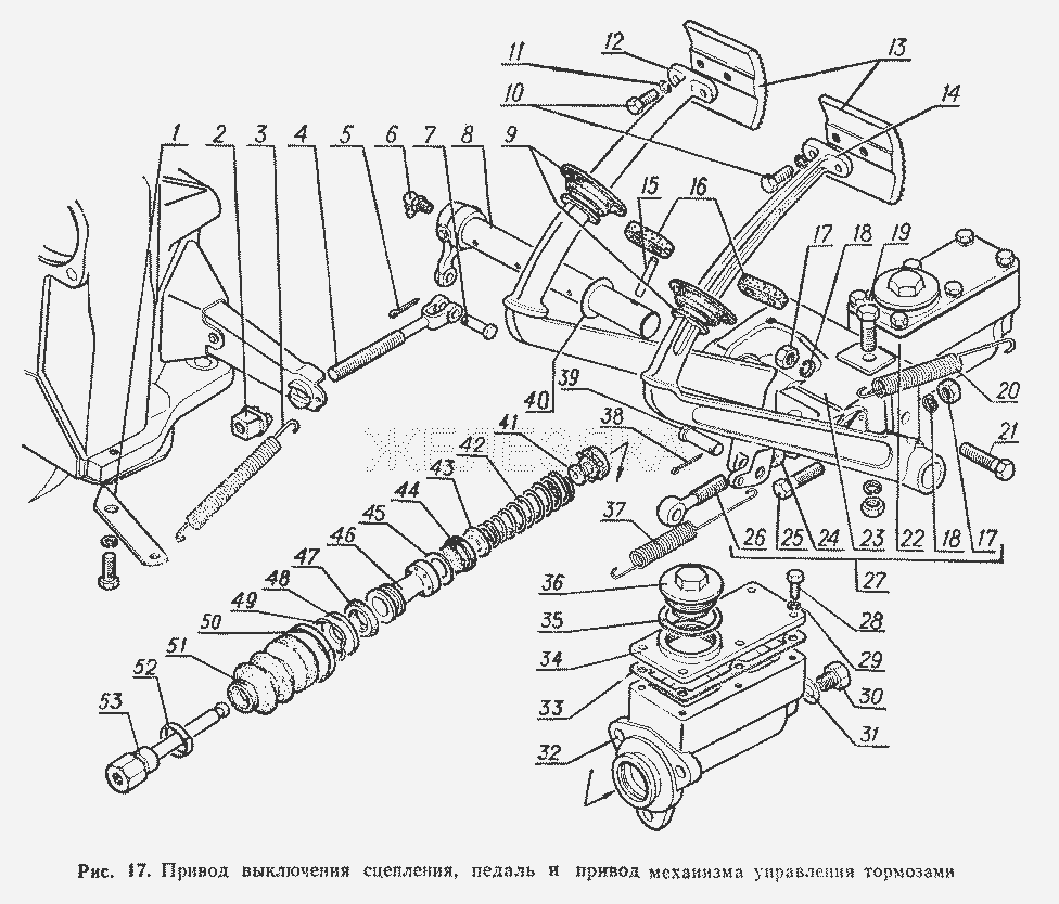 Привод выключения сцепления, педаль и привод механизма управления тормозами.  ГАЗ-52-02