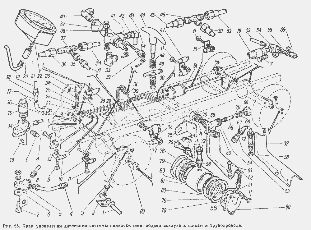 Кран управления давлением системы подкачки шин, подвод воздуха к шинам и трубопроводы.  ГАЗ-66 (Каталог 1983 г.)