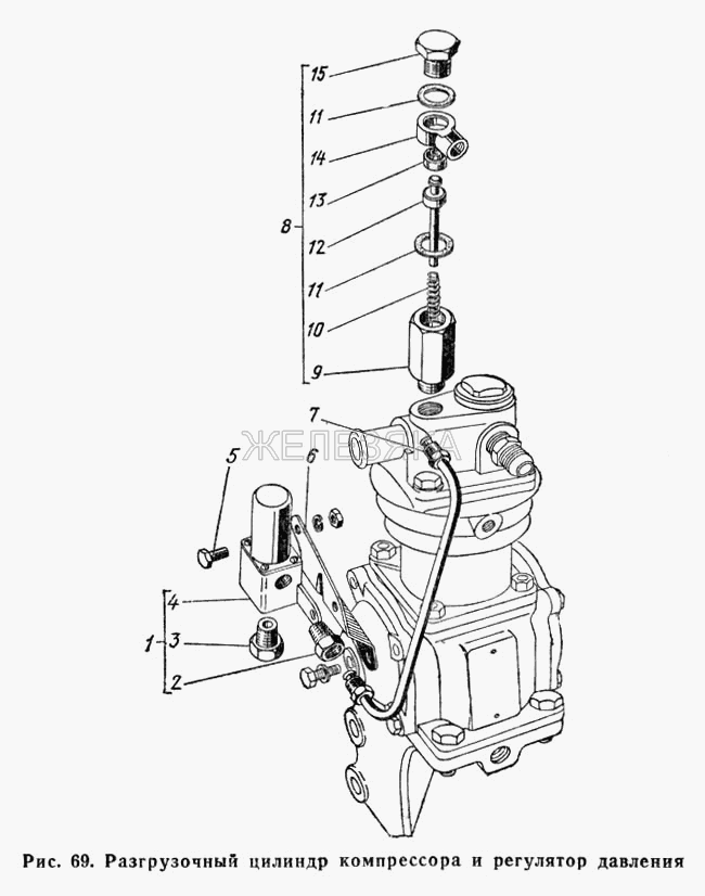 Разгрузочный цилиндр компрессора и регулятор давления.  ГАЗ-66 (Каталог 1983 г.)